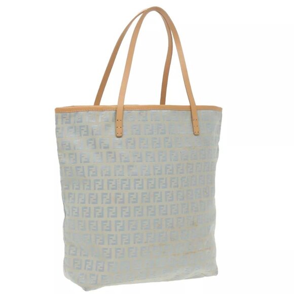 FENDI Zucchino Canvas Tote Bag Light Blue Brown Silver Auth - Picture 2 of 16